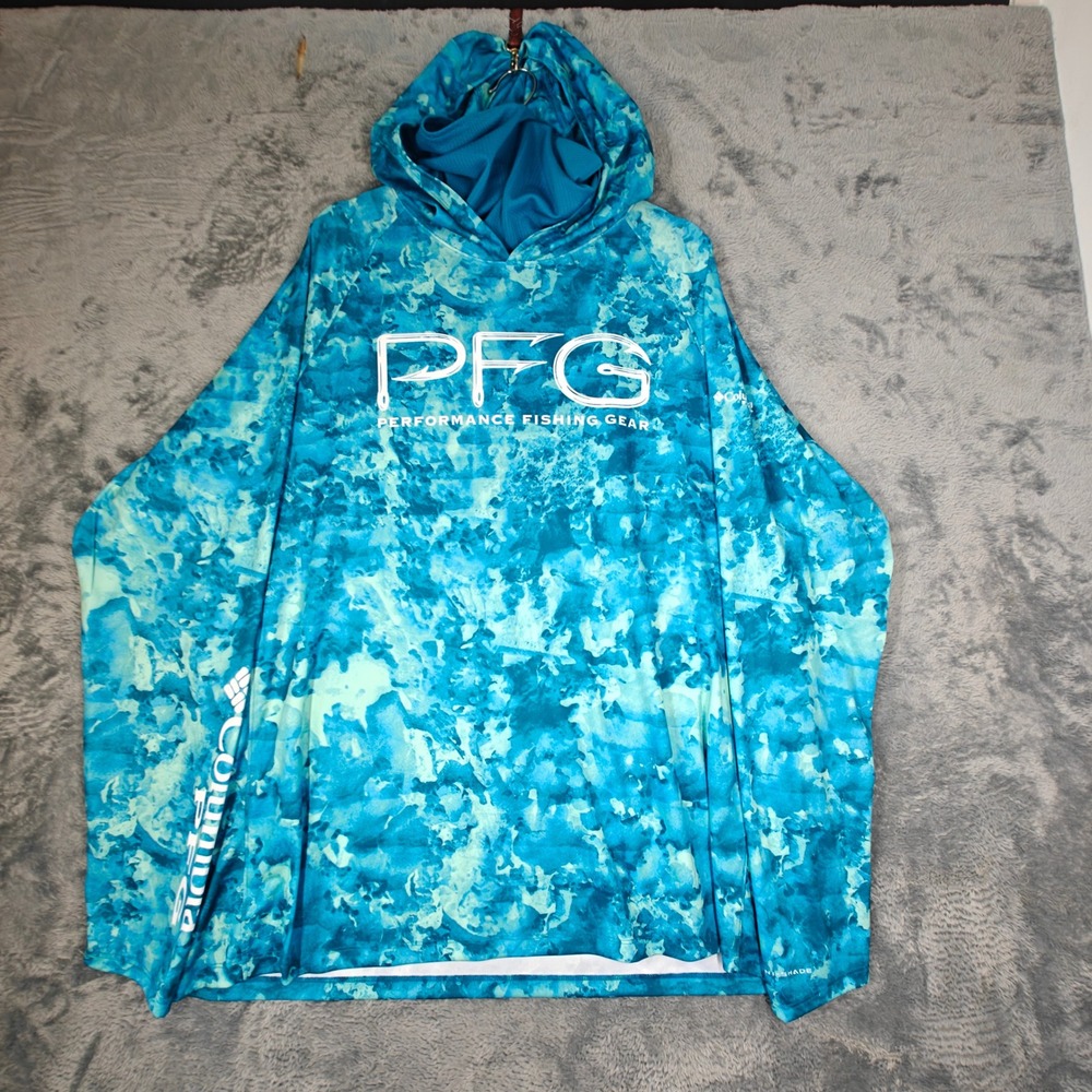 Columbia PFG Sun Shirt Hoodie Mens XXL Blue Camo Performance Fishing Gear 513